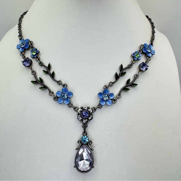 Avon Jewelry - Vintage Avon Blue White Crystal Floral Art Deco Gunmetal Pendant Necklace